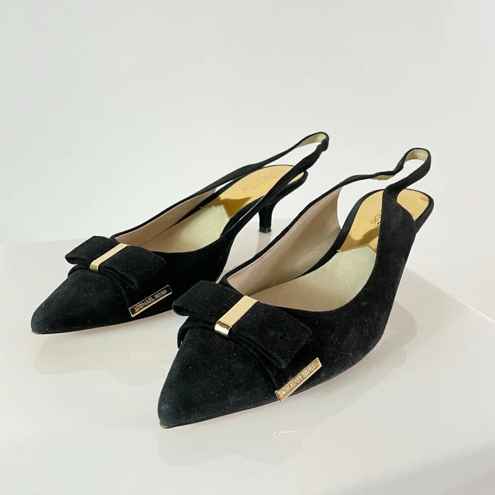 Minimalist | Michael Kors Black Suede Kitten Heel | Feminine Bow Gold Detail 9.5